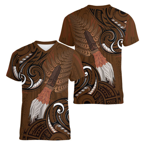 New Zealand Taiaha Women V-Neck T-Shirt Maori Weapon Silver Fern Maori Pattern