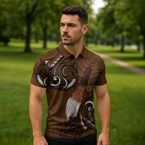 New Zealand Taiaha Zipper Polo Shirt Maori Weapon Silver Fern Maori Pattern