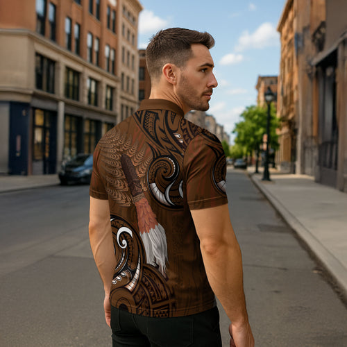 New Zealand Taiaha Zipper Polo Shirt Maori Weapon Silver Fern Maori Pattern