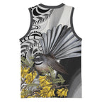 New Zealand Fantail Bird Basketball Jersey Maori Piwakawaka Kowhai Maori Pattern