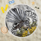 New Zealand Fantail Bird Beach Blanket Maori Piwakawaka Kowhai Maori Pattern