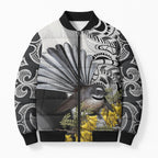 New Zealand Fantail Bird Bomber Puffer Jacket Maori Piwakawaka Kowhai Maori Pattern