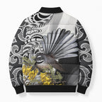New Zealand Fantail Bird Bomber Puffer Jacket Maori Piwakawaka Kowhai Maori Pattern
