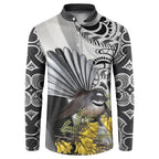 New Zealand Fantail Bird Button Sweatshirt Maori Piwakawaka Kowhai Maori Pattern