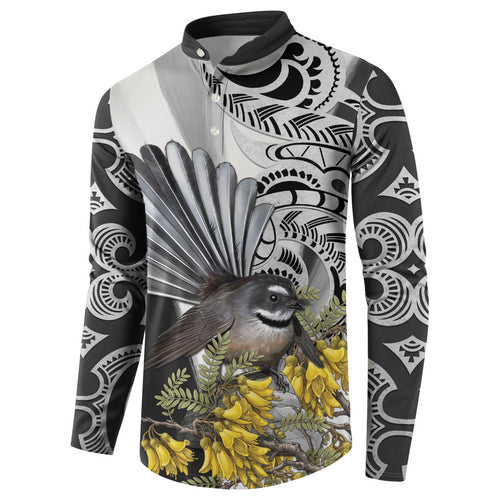 New Zealand Fantail Bird Button Sweatshirt Maori Piwakawaka Kowhai Maori Pattern