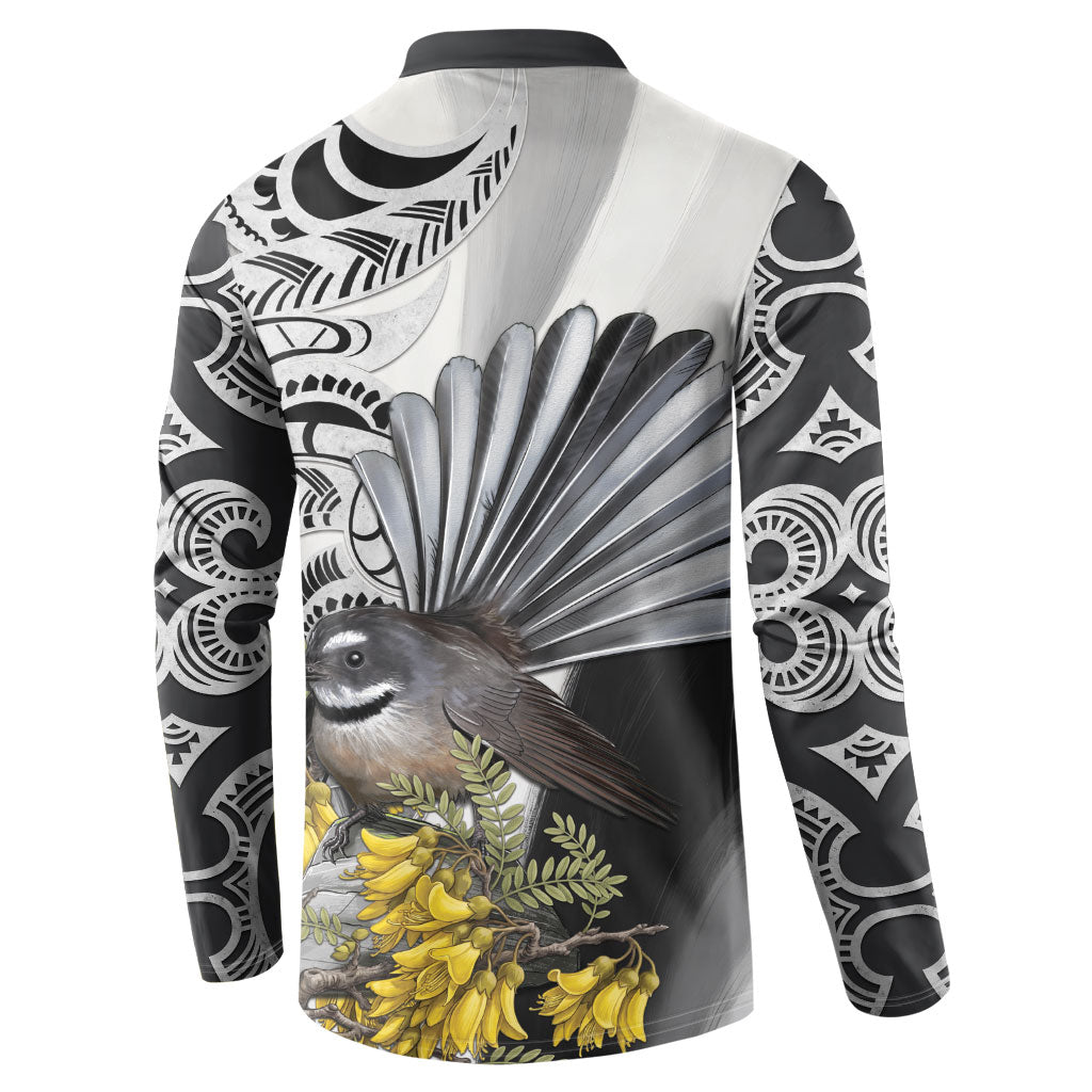 New Zealand Fantail Bird Button Sweatshirt Maori Piwakawaka Kowhai Maori Pattern
