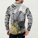 New Zealand Fantail Bird Button Sweatshirt Maori Piwakawaka Kowhai Maori Pattern