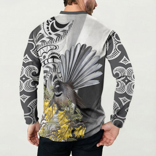 New Zealand Fantail Bird Button Sweatshirt Maori Piwakawaka Kowhai Maori Pattern