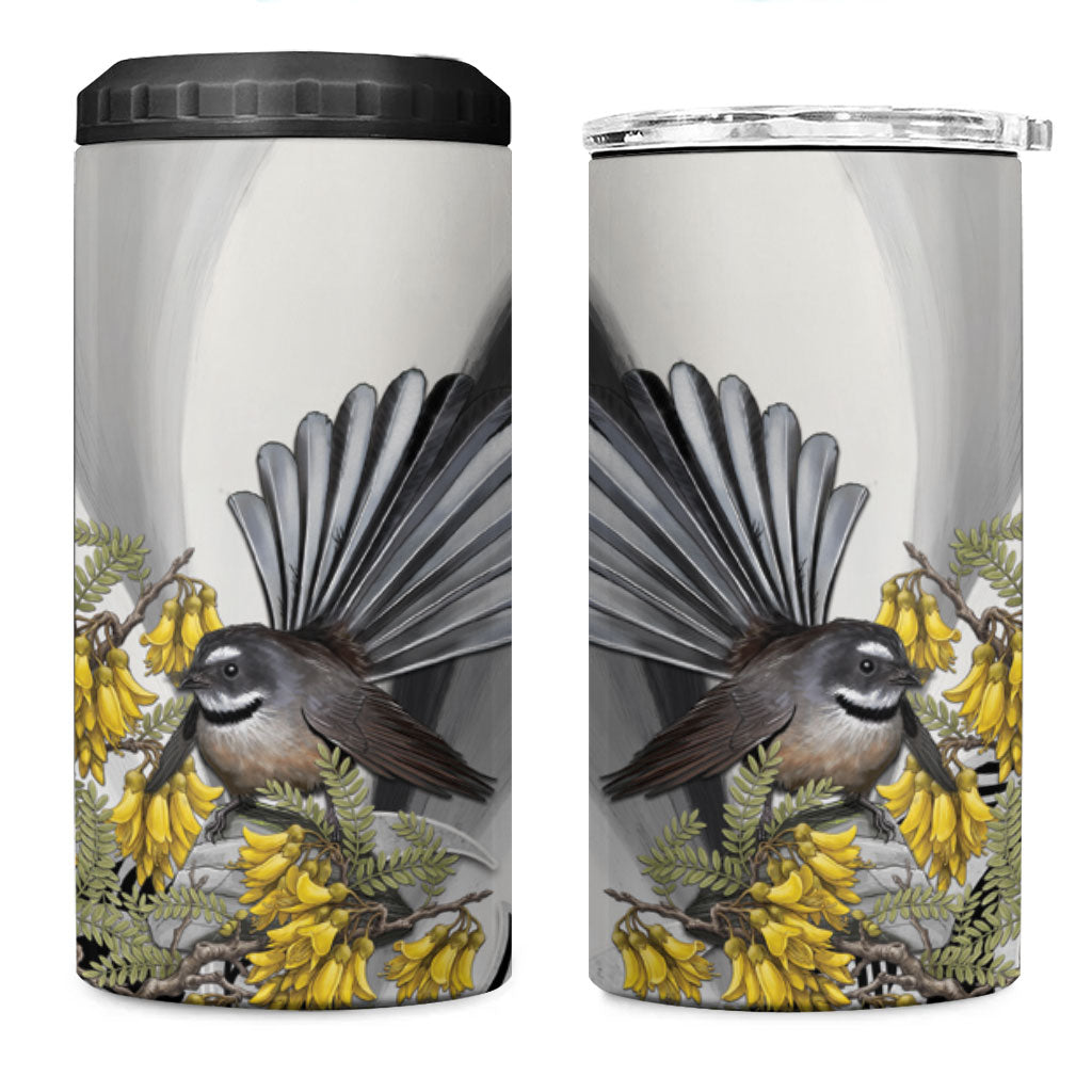 New Zealand Fantail Bird 4 in 1 Can Cooler Tumbler Maori Piwakawaka Kowhai Maori Pattern