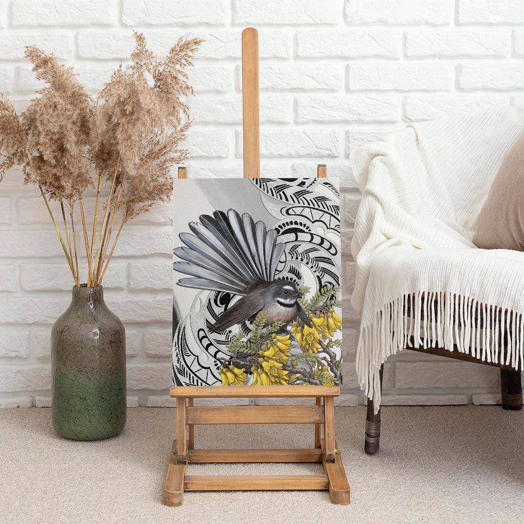 New Zealand Fantail Bird Canvas Wall Art Maori Piwakawaka Kowhai Maori Pattern