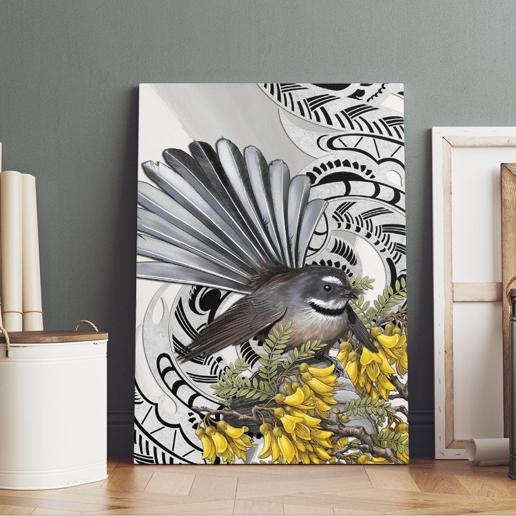 New Zealand Fantail Bird Canvas Wall Art Maori Piwakawaka Kowhai Maori Pattern