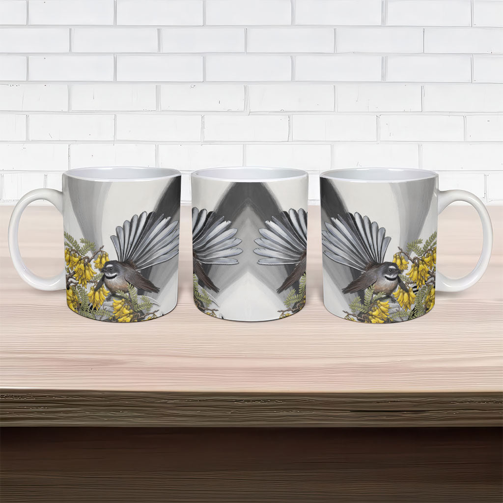 New Zealand Fantail Bird Ceramic Mug Maori Piwakawaka Kowhai Maori Pattern