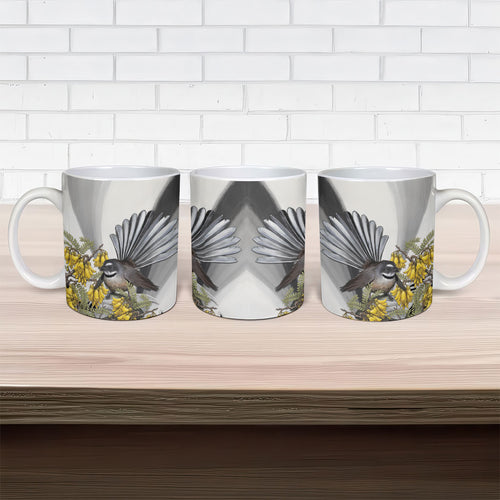 New Zealand Fantail Bird Ceramic Mug Maori Piwakawaka Kowhai Maori Pattern
