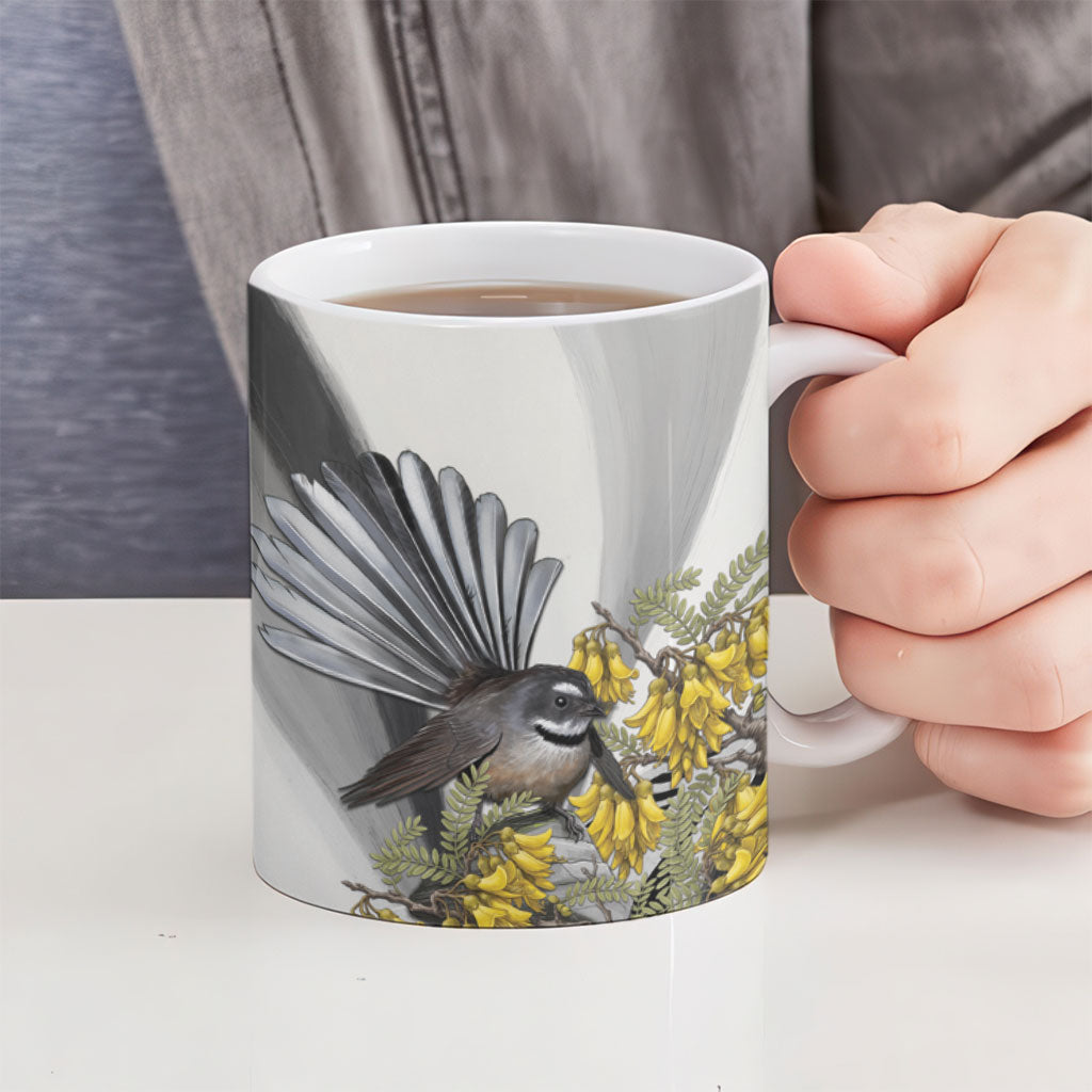 New Zealand Fantail Bird Ceramic Mug Maori Piwakawaka Kowhai Maori Pattern