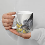 New Zealand Fantail Bird Ceramic Mug Maori Piwakawaka Kowhai Maori Pattern