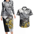 New Zealand Fantail Bird Couples Matching Long Sleeve Bodycon Dress and Hawaiian Shirt Maori Piwakawaka Kowhai Maori Pattern