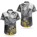 New Zealand Fantail Bird Couples Matching Long Sleeve Bodycon Dress and Hawaiian Shirt Maori Piwakawaka Kowhai Maori Pattern