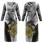 New Zealand Fantail Bird Couples Matching Long Sleeve Bodycon Dress and Hawaiian Shirt Maori Piwakawaka Kowhai Maori Pattern