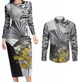 New Zealand Fantail Bird Couples Matching Long Sleeve Bodycon Dress and Long Sleeve Button Shirt Maori Piwakawaka Kowhai Maori Pattern