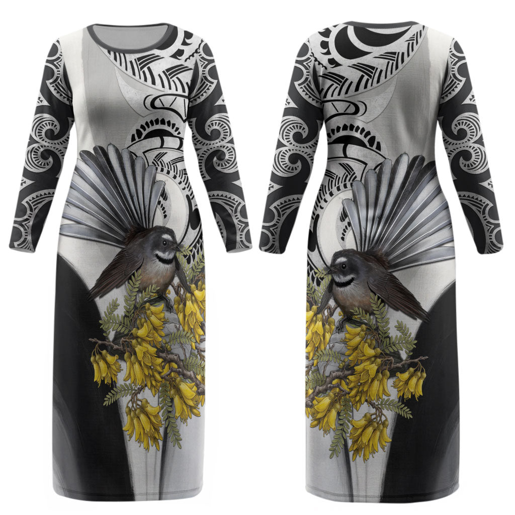 New Zealand Fantail Bird Couples Matching Long Sleeve Bodycon Dress and Long Sleeve Button Shirt Maori Piwakawaka Kowhai Maori Pattern