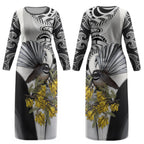 New Zealand Fantail Bird Couples Matching Long Sleeve Bodycon Dress and Long Sleeve Button Shirt Maori Piwakawaka Kowhai Maori Pattern