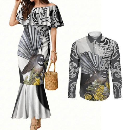 New Zealand Fantail Bird Couples Matching Mermaid Dress and Long Sleeve Button Shirt Maori Piwakawaka Kowhai Maori Pattern