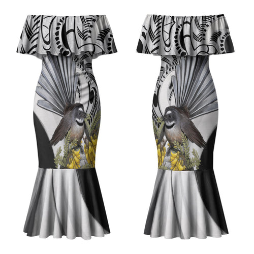 New Zealand Fantail Bird Couples Matching Mermaid Dress and Long Sleeve Button Shirt Maori Piwakawaka Kowhai Maori Pattern