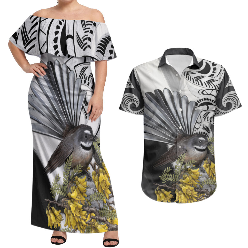 New Zealand Fantail Bird Couples Matching Off Shoulder Maxi Dress and Hawaiian Shirt Maori Piwakawaka Kowhai Maori Pattern