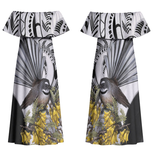 New Zealand Fantail Bird Couples Matching Off Shoulder Maxi Dress and Hawaiian Shirt Maori Piwakawaka Kowhai Maori Pattern