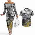 New Zealand Fantail Bird Couples Matching Off The Shoulder Long Sleeve Dress and Hawaiian Shirt Maori Piwakawaka Kowhai Maori Pattern
