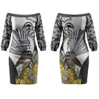 New Zealand Fantail Bird Couples Matching Off The Shoulder Long Sleeve Dress and Long Sleeve Button Shirt Maori Piwakawaka Kowhai Maori Pattern