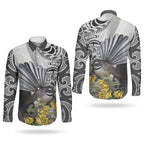 New Zealand Fantail Bird Couples Matching Puletasi and Long Sleeve Button Shirt Maori Piwakawaka Kowhai Maori Pattern
