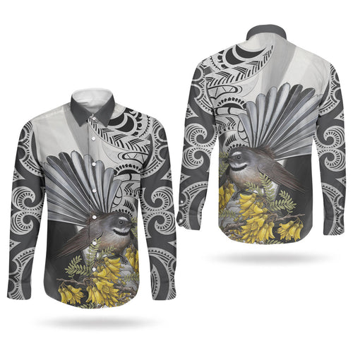 New Zealand Fantail Bird Couples Matching Puletasi and Long Sleeve Button Shirt Maori Piwakawaka Kowhai Maori Pattern