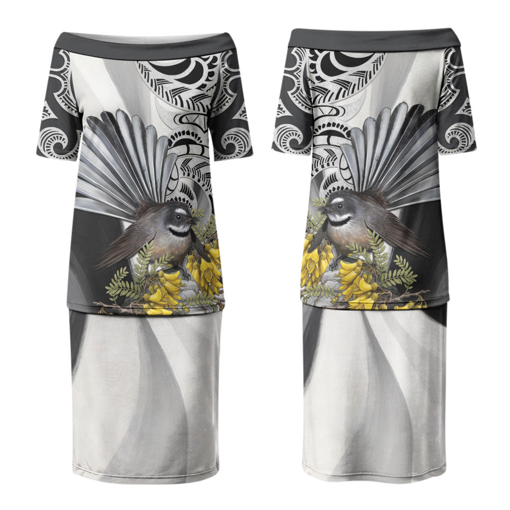 New Zealand Fantail Bird Couples Matching Puletasi and Long Sleeve Button Shirt Maori Piwakawaka Kowhai Maori Pattern