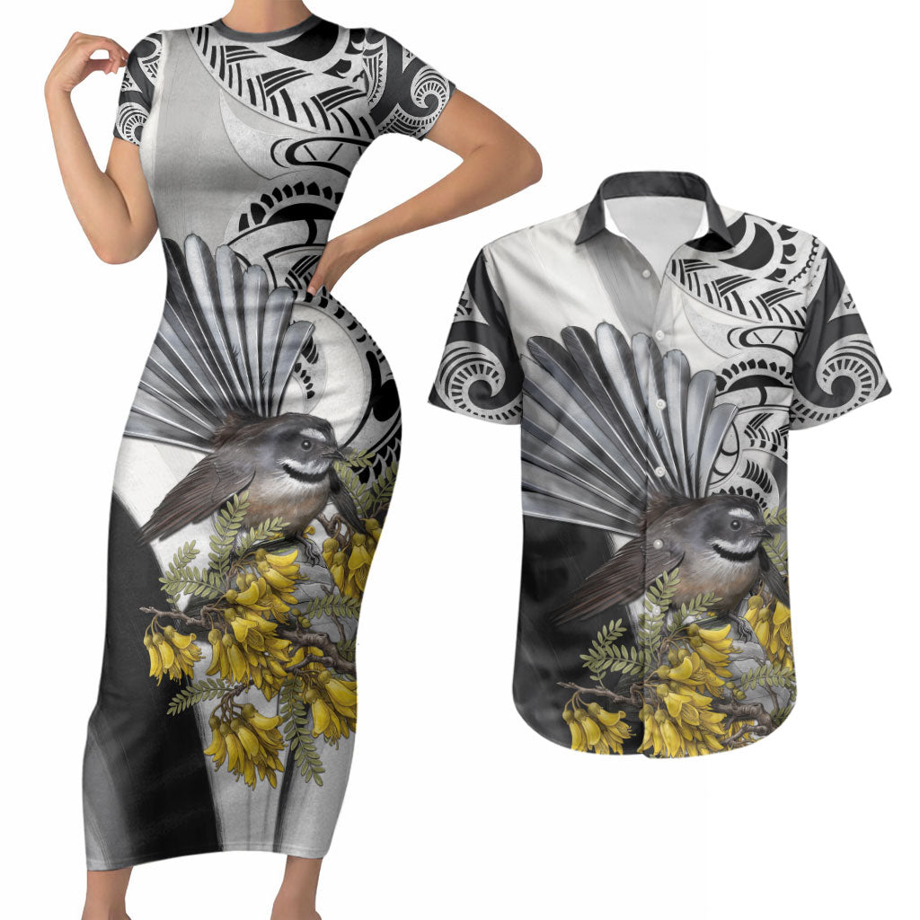 New Zealand Fantail Bird Couples Matching Short Sleeve Bodycon Dress and Hawaiian Shirt Maori Piwakawaka Kowhai Maori Pattern