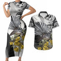 New Zealand Fantail Bird Couples Matching Short Sleeve Bodycon Dress and Hawaiian Shirt Maori Piwakawaka Kowhai Maori Pattern