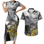 New Zealand Fantail Bird Couples Matching Short Sleeve Bodycon Dress and Hawaiian Shirt Maori Piwakawaka Kowhai Maori Pattern