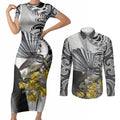 New Zealand Fantail Bird Couples Matching Short Sleeve Bodycon Dress and Long Sleeve Button Shirt Maori Piwakawaka Kowhai Maori Pattern