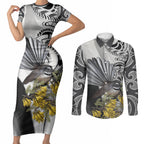 New Zealand Fantail Bird Couples Matching Short Sleeve Bodycon Dress and Long Sleeve Button Shirt Maori Piwakawaka Kowhai Maori Pattern
