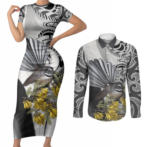New Zealand Fantail Bird Couples Matching Short Sleeve Bodycon Dress and Long Sleeve Button Shirt Maori Piwakawaka Kowhai Maori Pattern