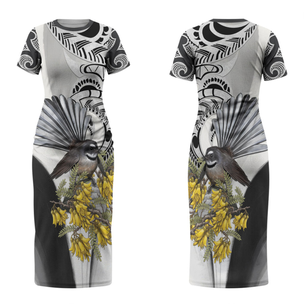 New Zealand Fantail Bird Couples Matching Short Sleeve Bodycon Dress and Long Sleeve Button Shirt Maori Piwakawaka Kowhai Maori Pattern