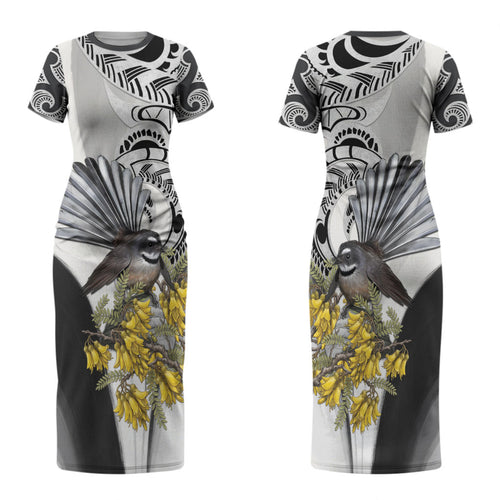 New Zealand Fantail Bird Couples Matching Short Sleeve Bodycon Dress and Long Sleeve Button Shirt Maori Piwakawaka Kowhai Maori Pattern