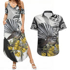 New Zealand Fantail Bird Couples Matching Summer Maxi Dress and Hawaiian Shirt Maori Piwakawaka Kowhai Maori Pattern