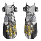 New Zealand Fantail Bird Couples Matching Summer Maxi Dress and Hawaiian Shirt Maori Piwakawaka Kowhai Maori Pattern