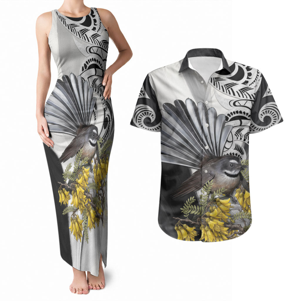 New Zealand Fantail Bird Couples Matching Tank Maxi Dress and Hawaiian Shirt Maori Piwakawaka Kowhai Maori Pattern