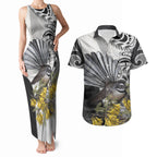 New Zealand Fantail Bird Couples Matching Tank Maxi Dress and Hawaiian Shirt Maori Piwakawaka Kowhai Maori Pattern