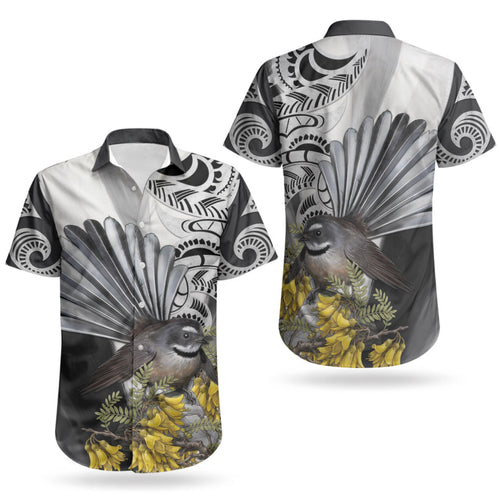 New Zealand Fantail Bird Couples Matching Tank Maxi Dress and Hawaiian Shirt Maori Piwakawaka Kowhai Maori Pattern