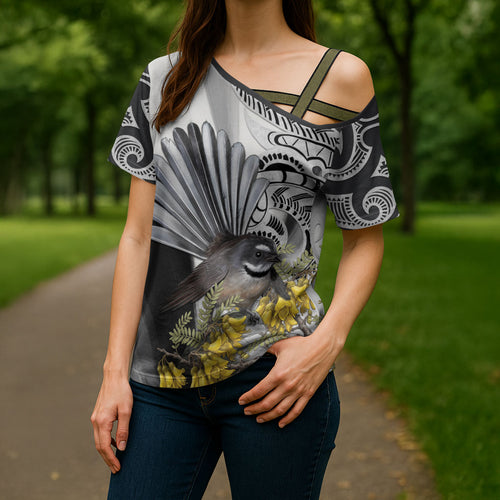 New Zealand Fantail Bird Cross Shoulder Shirt Maori Piwakawaka Kowhai Maori Pattern