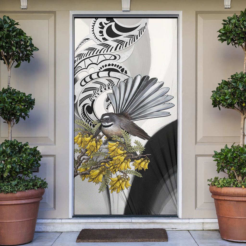 New Zealand Fantail Bird Door Cover Maori Piwakawaka Kowhai Maori Pattern