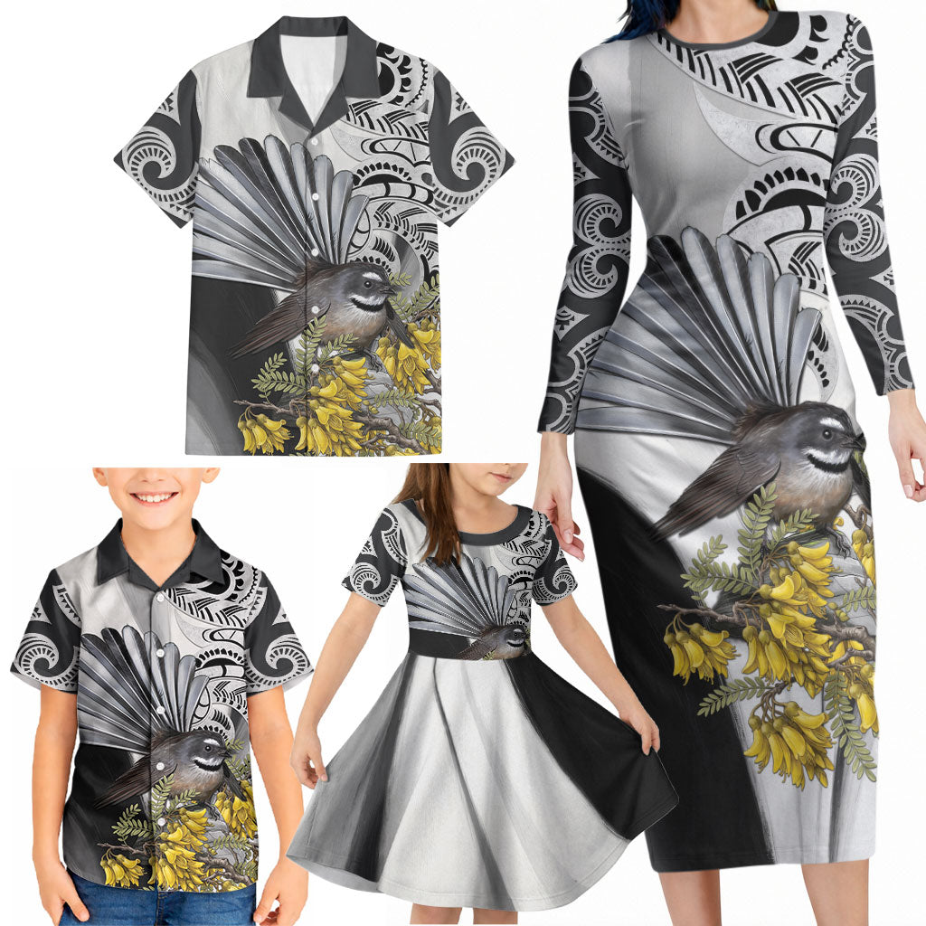 New Zealand Fantail Bird Family Matching Long Sleeve Bodycon Dress and Hawaiian Shirt Maori Piwakawaka Kowhai Maori Pattern